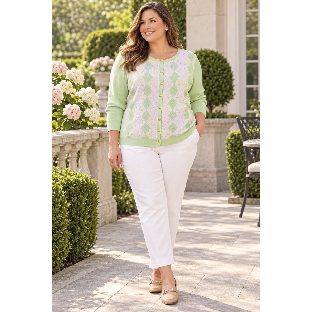 Talbots Woman Green White Argyle Silk Blend Cardigan Sweater 1X Preppy Acadamia